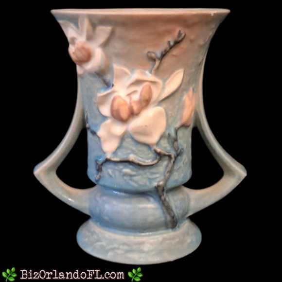VINTAGE: 1940s Roseville Pottery Blue Magnolia Double Handled Ceramic 6